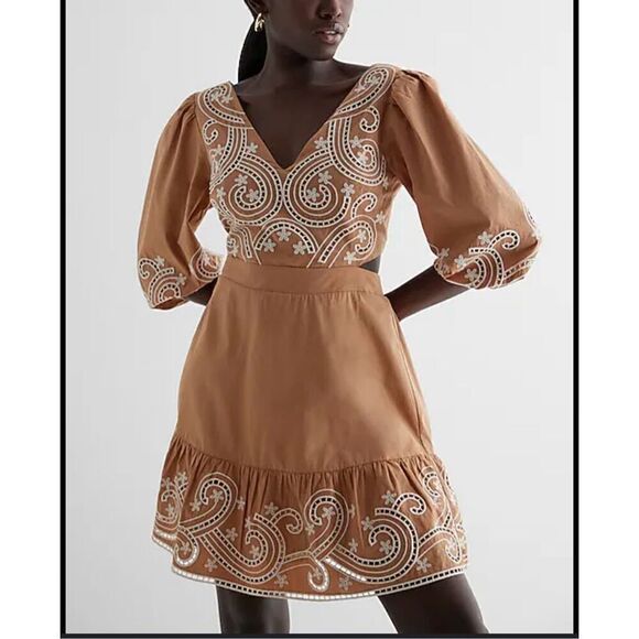 Express Tan Embroidered Eyelet V-Neck Tie Back Poplin Mini Dress‎ - Picture 5 of 6